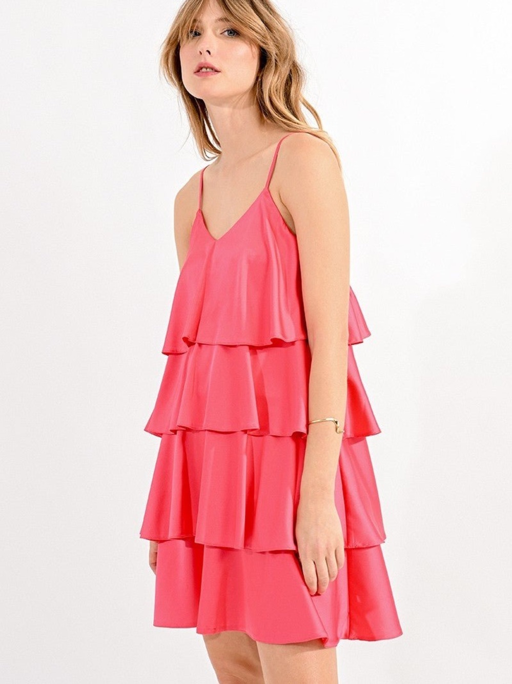 Le Soir by Molly Bracken Pink Satin Tiered Ruffle Mini Dress Women’s XS/S